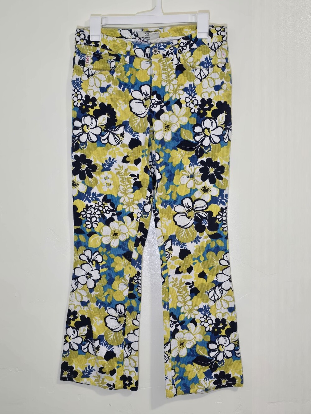 Vtg 90s Guess Textured Floral Pants High-Rise Cropped Size 28 Blue/Green